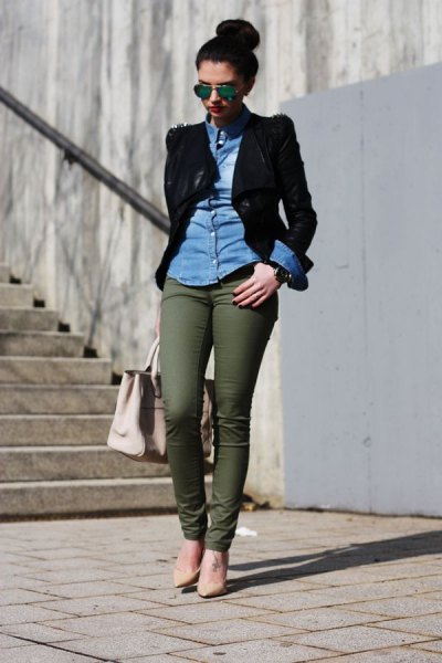 blue chambray shirt with black blazer and army green chinos