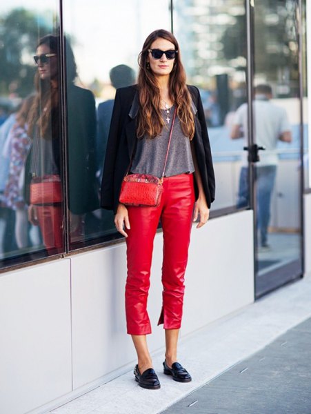black blazer with gray t-shirt and red leather pants