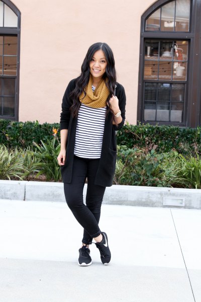 black cardigan with striped t-shirt and hiking shoes