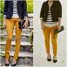 black blazer with striped sweater and mustard yellow slim fit pants