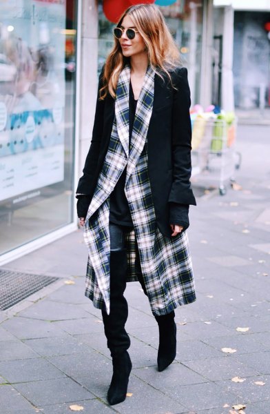 black and white checkered coat with blazer and slim jeans