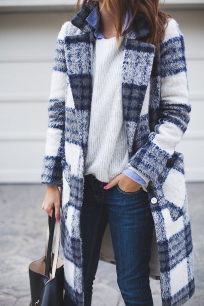 blue and white checkered long wool coat with ribbed sweater