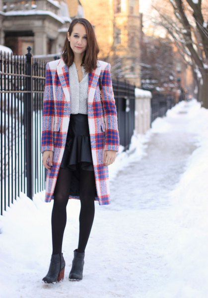 Navy and white long wool coat with black chiffon skirt