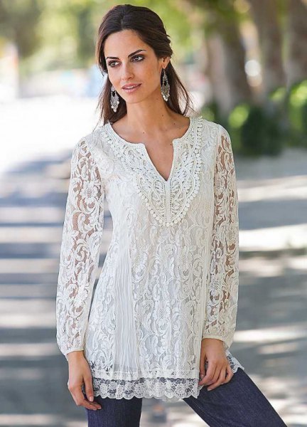 white lace dress blouse with dark blue skinny jeans