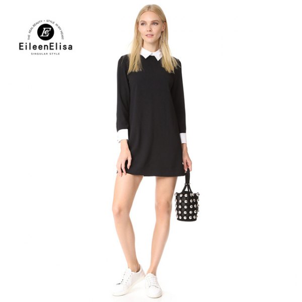Mini shift dress with black zipper and white shirt with buttons