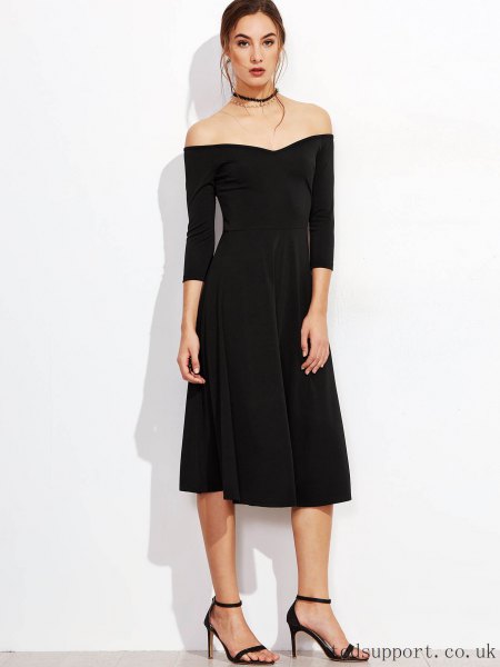 Black strapless midi zip dress with collar