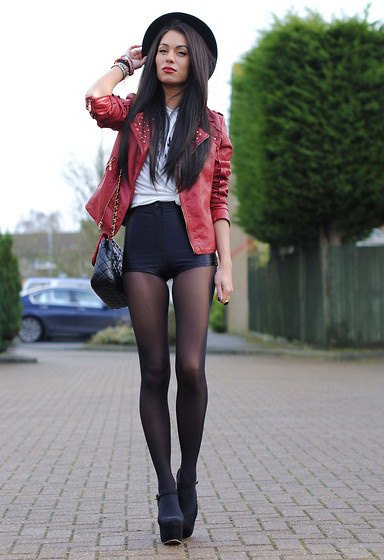 Blazer suede blazer with leather shorts and stockings