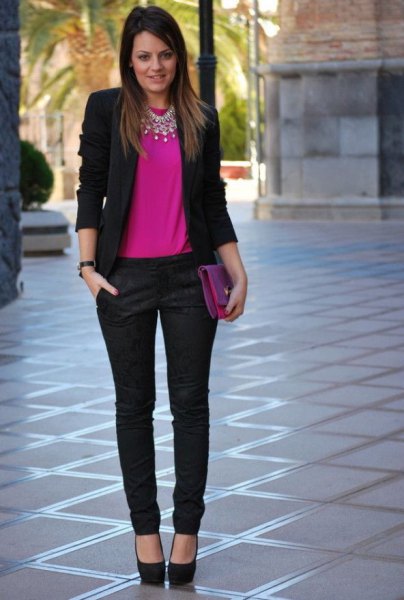 black blazer with pink top and chinos