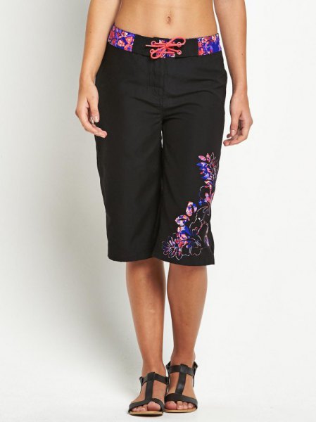 black and blue floral embroidered knee-length wide shorts with crop top