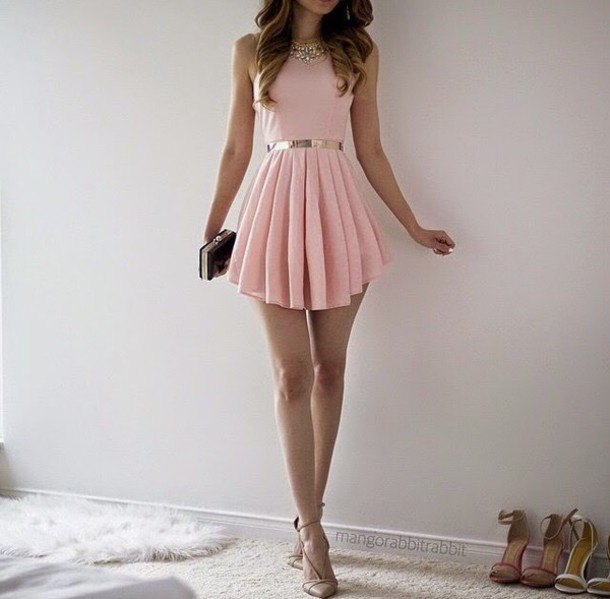 light pink fit and flared, pleated mini dress with black-silver clutch handbag