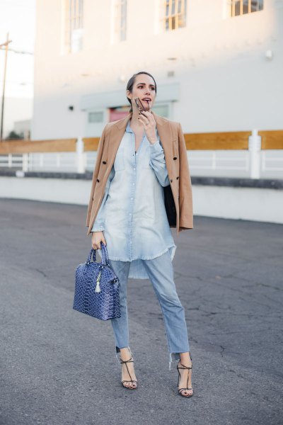 blushing pink coat with light blue chambray tunic shirt with buttons