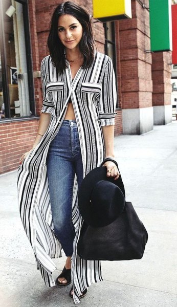 vertical striped maxi shift dress in black and white with skinny jeans