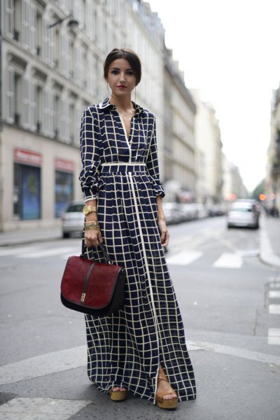 black and white checked maxi dress with gathered waist