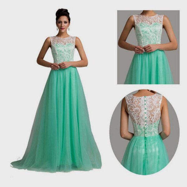 white and mint green two-tone flowing floor-length evening dress