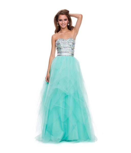 silver and mint green strapless maxi dress made of tulle