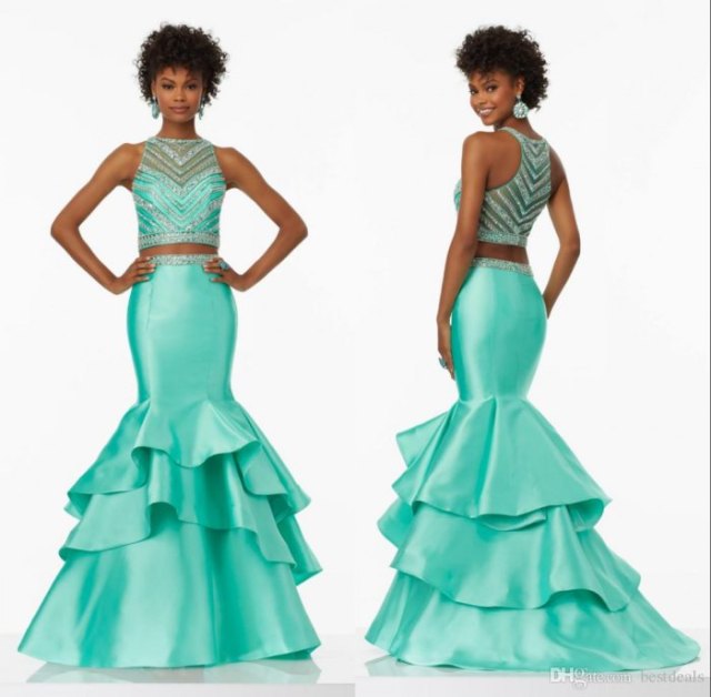 two-piece ball gown made of silver sequins and mint green silk