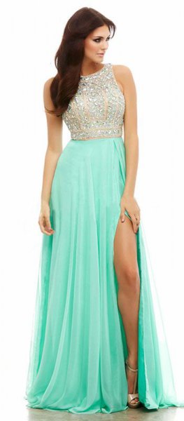 Sequins and chiffon two-tone high split ball gown