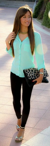 Mint green, slim-fit shirt with buttons and clutch with leopard print