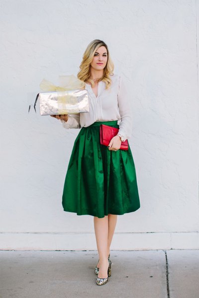 Slim fit blouse with green silk midi skirt