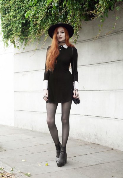 Felt hat with mini skater dress and gray boots