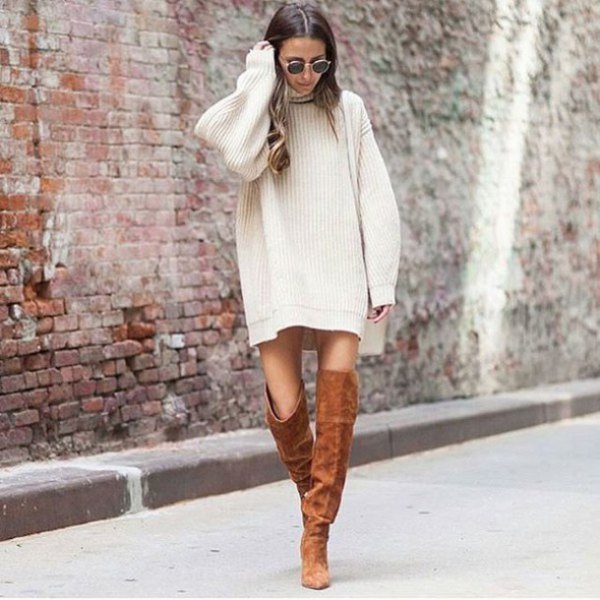 white, ribbed, ribbed mini dress with straight cut and camel boots