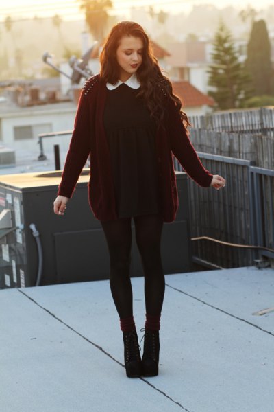black dress with collar and burgundy cardigan
