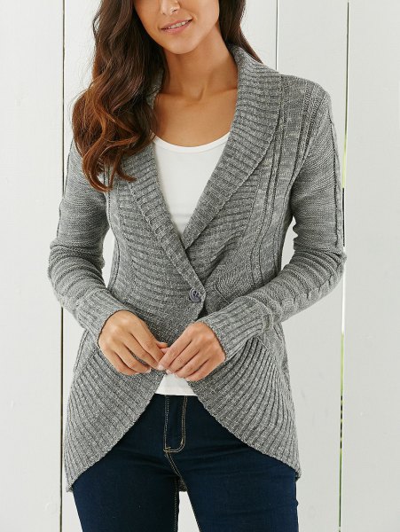 gray cardigan with a shawl collar and white t-shirt with a scoop neck and dark jeans