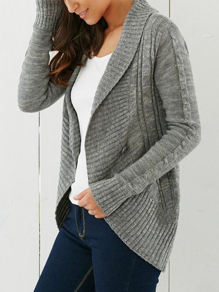 gray cardigan with a shawl collar and dark blue skinny jeans