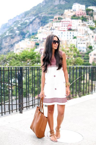 white and black, tribal printed shift dress with thong sandals