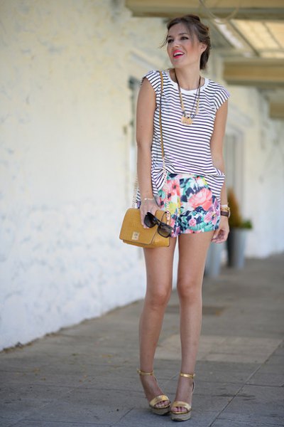 sleeveless black and white striped tank top with floral mini shorts