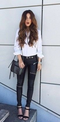 white blouse with buttons, black biker pants and open toe heels with ankle straps