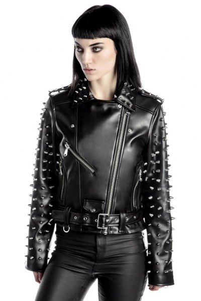 barbed moto jacket with leather gaiters