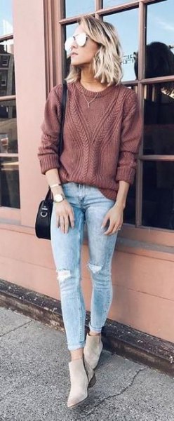 green ribbed sweater with blue ribbed jeans with cuffs