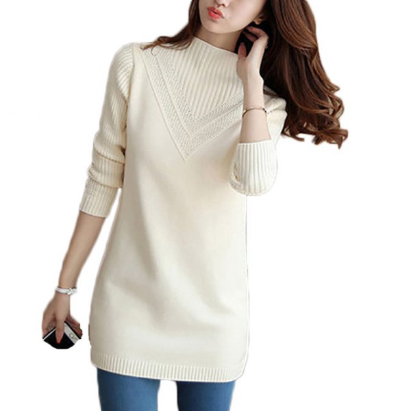 white, ribbed tunic sweater with mock neck and blue skinny jeans