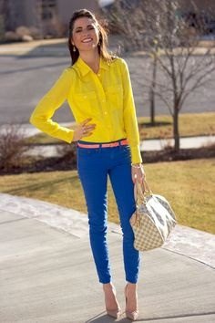 yellow shirt with buttons and light blue ankle pants