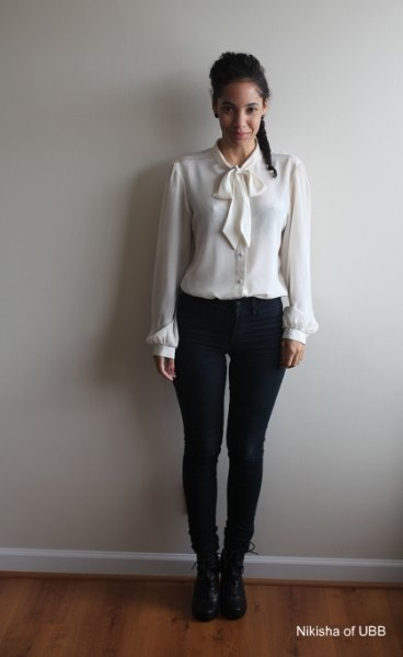 white shirt with matching bow tie and thin black jeans