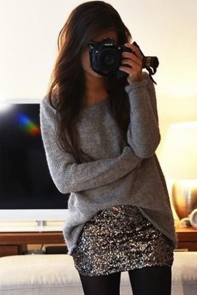 gray oversized slouchy sweater with silver sequin mini skirt