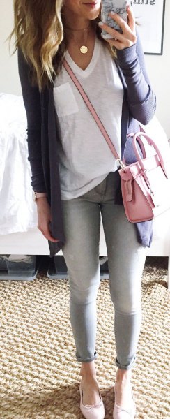 white oversized t-shirt with v-neck and gray longline cardigan