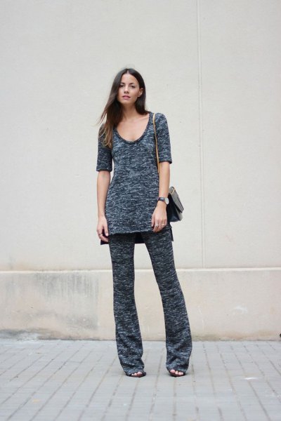 gray knitted tunic top with scoop neck and matching trousers with wide legs