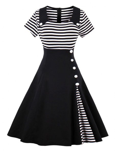 black and white striped, two-tone, flared midi dress