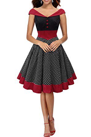 red and black v-neck cap sleeves, pleated, flared midi dress