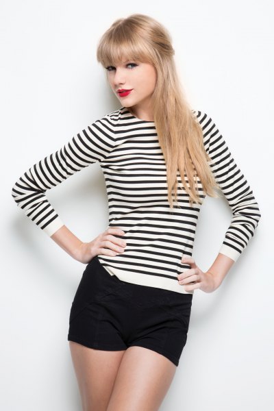 long-sleeved striped black and white top with mini shorts