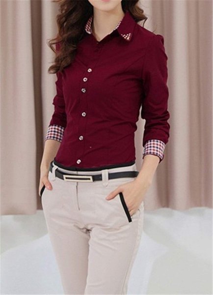 Burgundy Button Up Slim Fit Shirt with light gray slim fit chinos