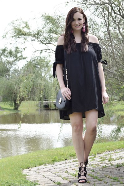 strapless mini dress with black lace-up sandals