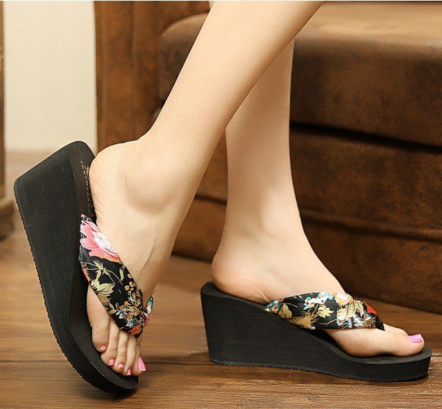 black and blush pink floral printed flip-flops with heels and mini dress