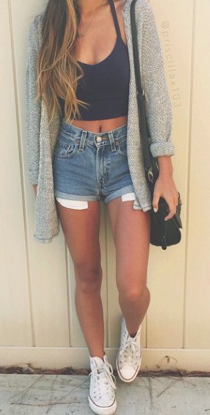 gray longline cardigan with black tank top with scoop neck