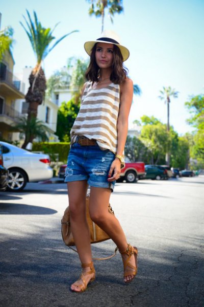gray and white striped tank top with blue denim shorts