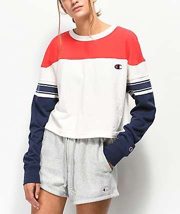 red-white and dark blue color block sweatshirt with gray shorts