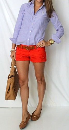 Light blue shirt with buttons and red shorts with a mini belt