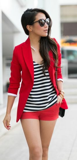 red blazer with matching shorts and striped tank top with a scoop neck